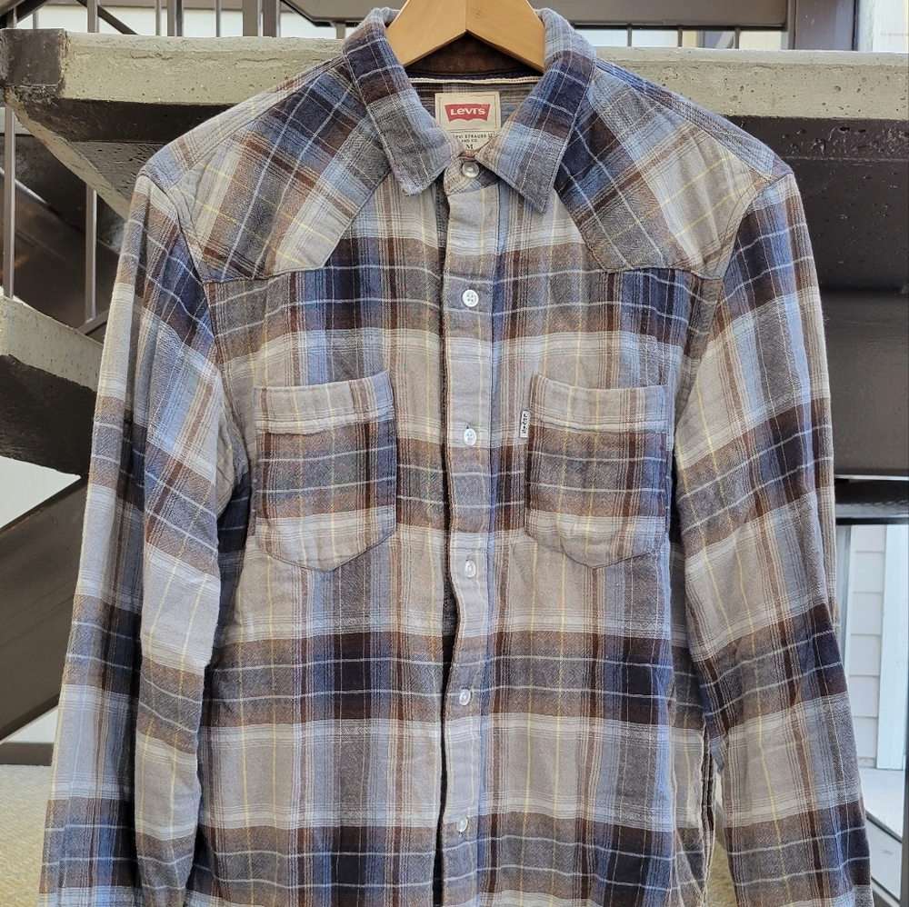 Levi's Modern fit plaid flannel western shirt, gray/brown, size M